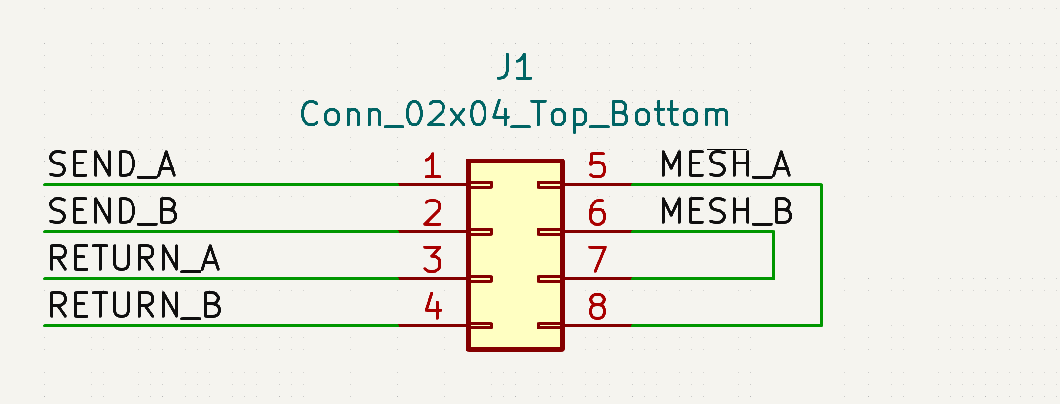 A screenshot of the connector footprint mentioned in the previous paragraph, shown conencted up as described in
KiCad's schematic editor.